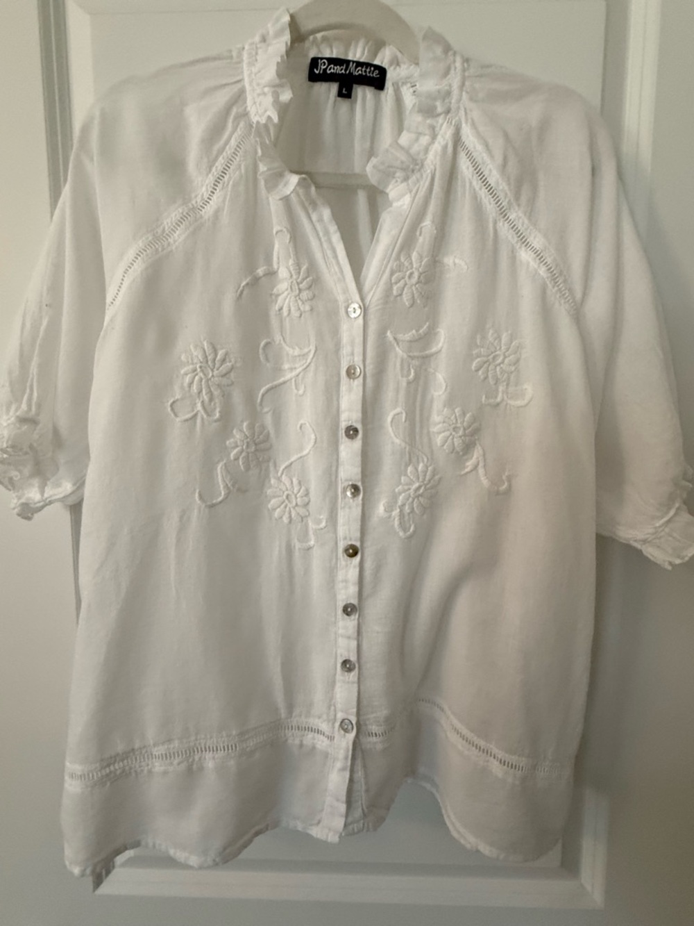 White Cotton voile Top with Button Detail and embroidery